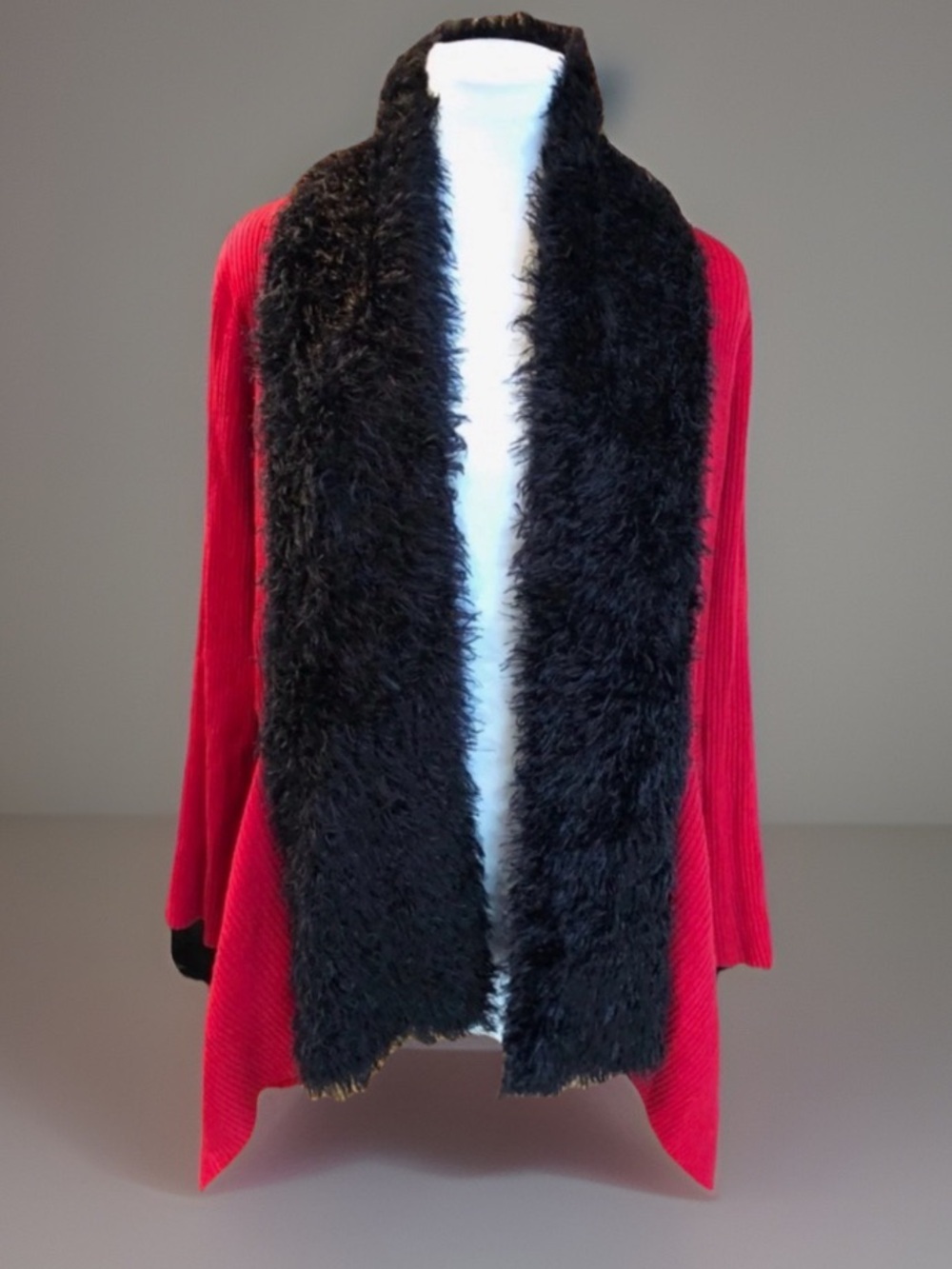 Hi Low Faux Fur Ribbed Cardigan Sweater
